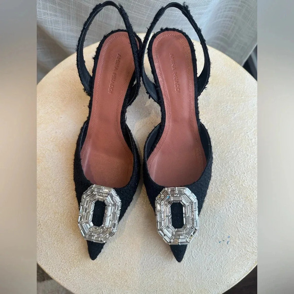 New Amina Muaddi Black Tweed Slingback Heel Pump with Square Jewel, sz 36EU - Picture 5 of 7